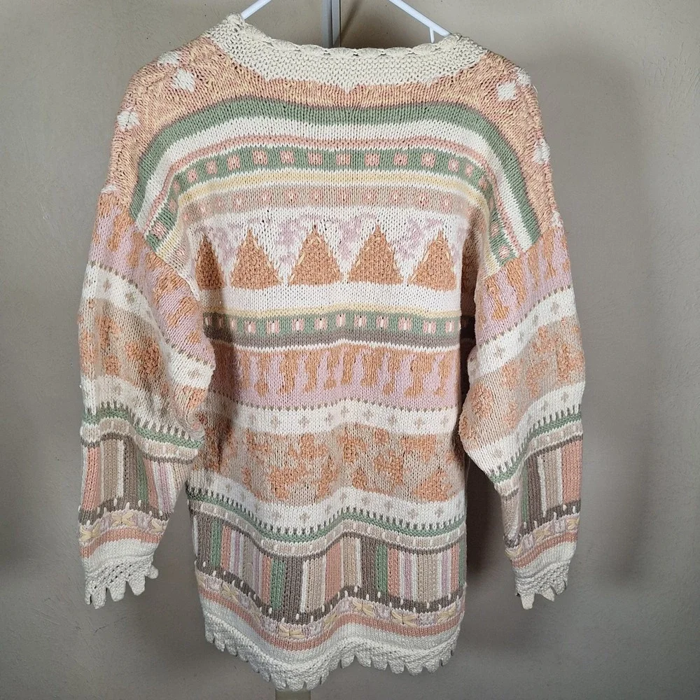 Express‎ Tricot Vtg Hand Knit Chunky Pastel Cottage Grandma Scallop Sweater S